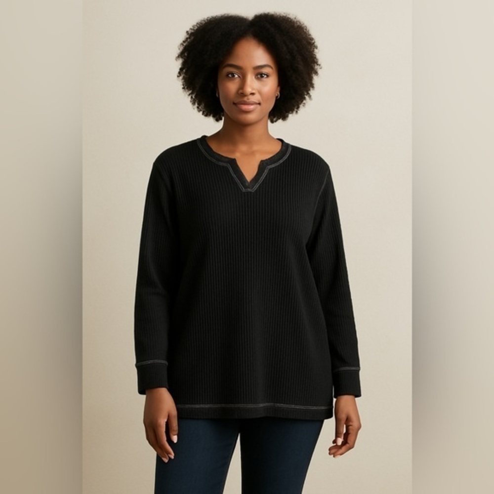 LOGO Lounge Women's Black Waffle Knit Thermal Long Sleeve Top GUC XL #1450